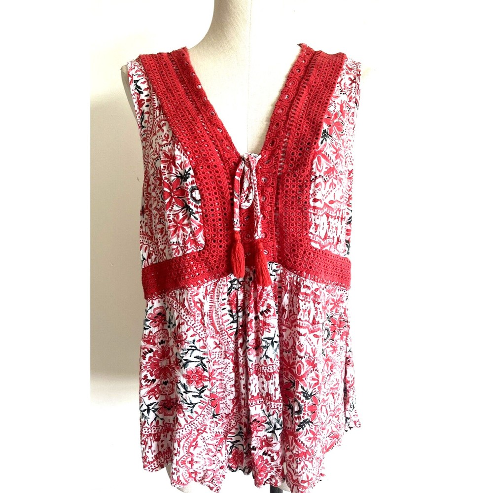 Torrid Babydoll Tank Top Lace-Up Crochet Sleeveless Red Floral Boho 1X